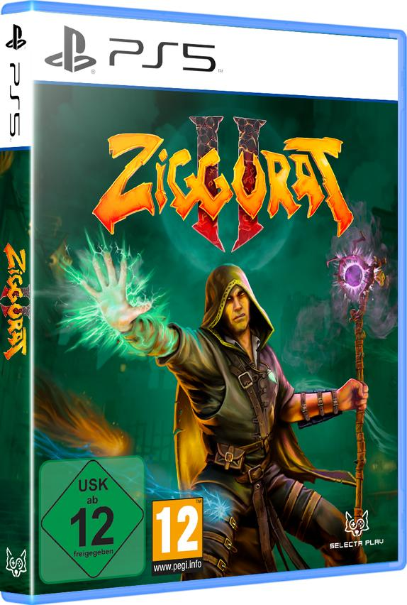 Videospiel-Box-Art für Ziggurat 2 auf PS5. Ein verhüllter Zauberer mit Stab und Zauber.