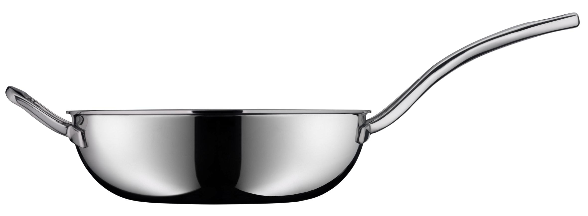 Eine glänzende Edelstahl-Wok-Pfanne mit langem Griff.