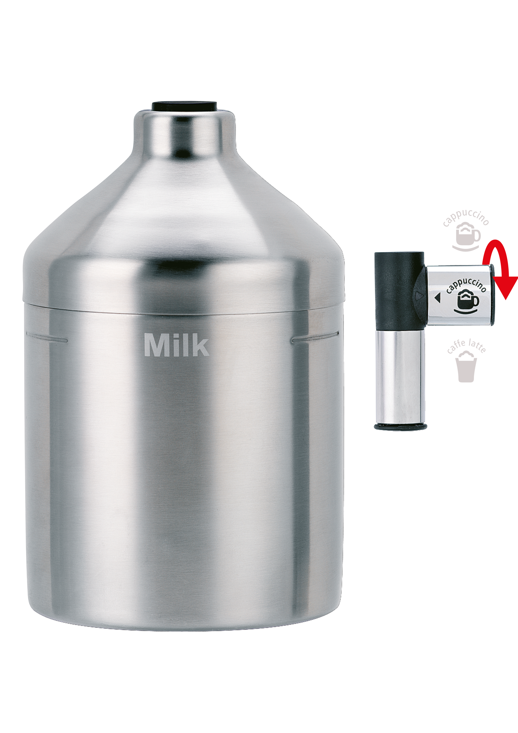 Un recipiente de leche de acero inoxidable y un espumador de leche separado con opciones de capuchino y latte.