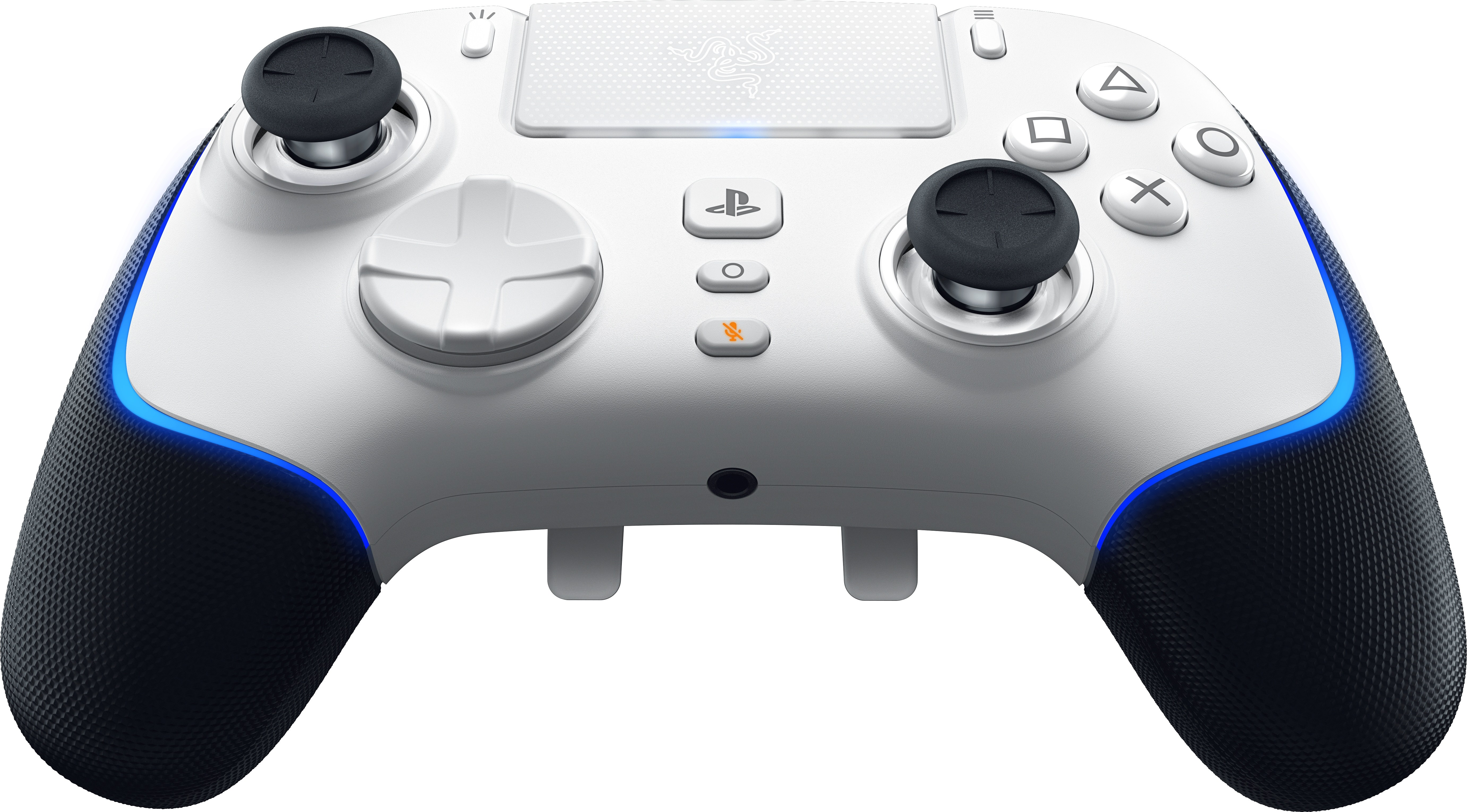 Weißer Gaming-Controller mit blauen Akzenten und schwarzen Joysticks. Er hat verschiedene Tasten.