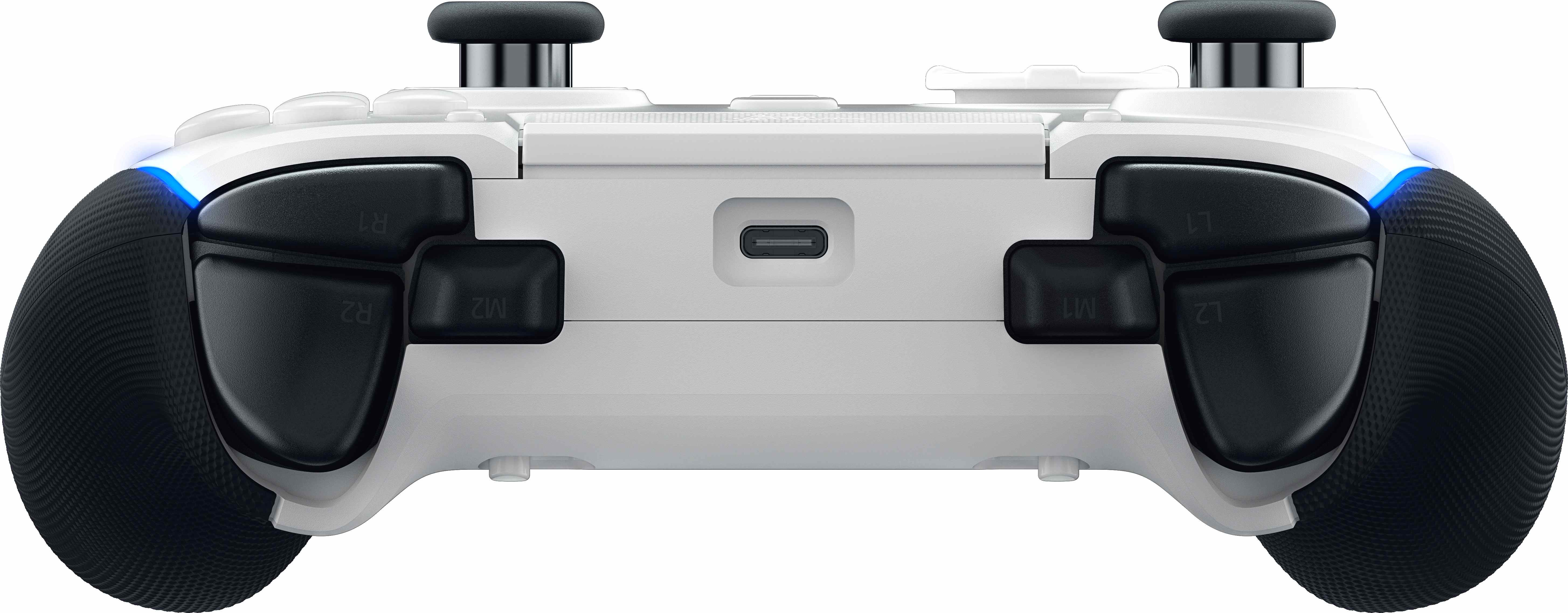 Weißer und schwarzer Gamecontroller mit Tasten und Triggern.