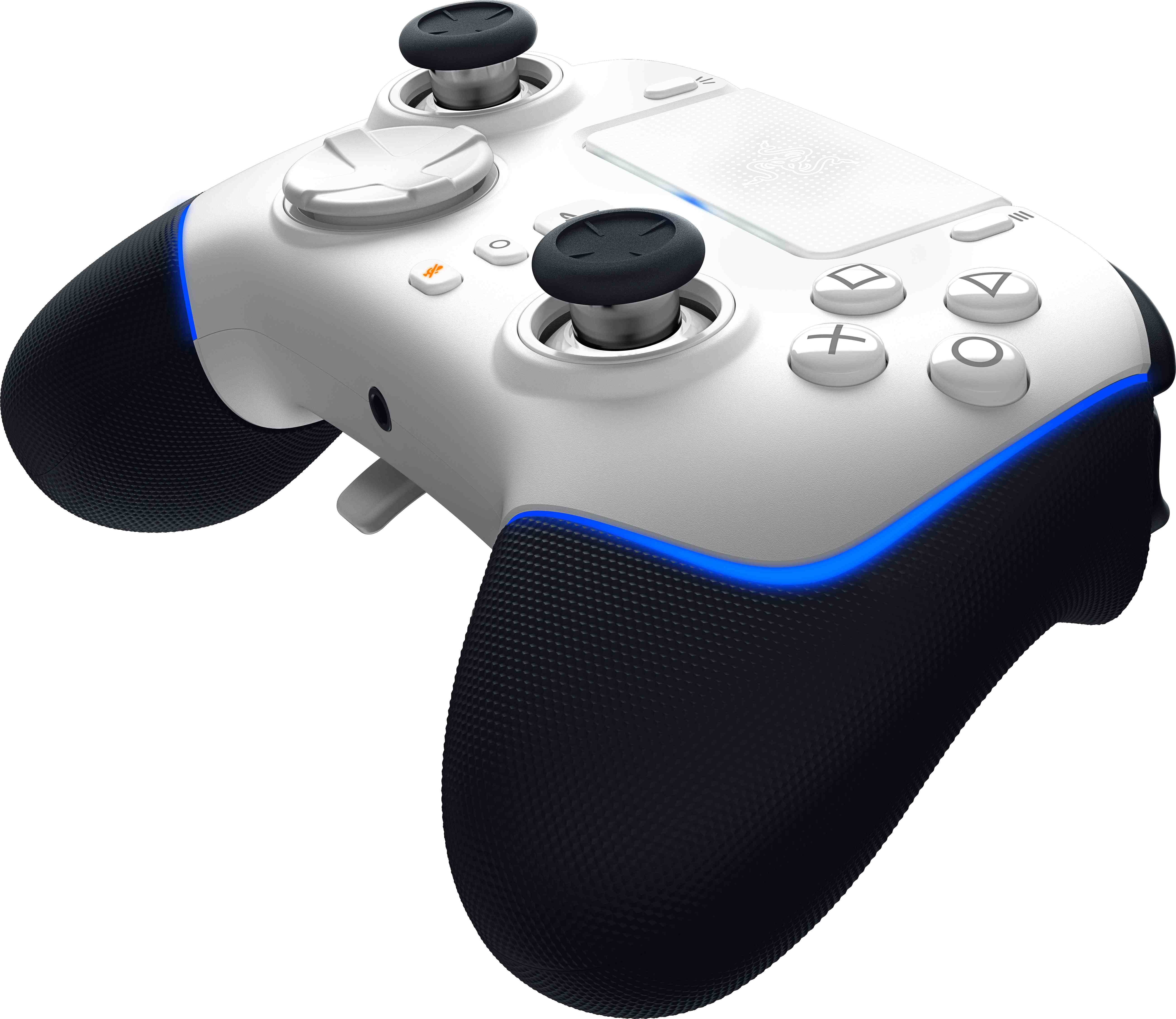 Ein weiß-schwarzer Gamecontroller mit Knöpfen. Blaue Lichter sind an den Seiten.