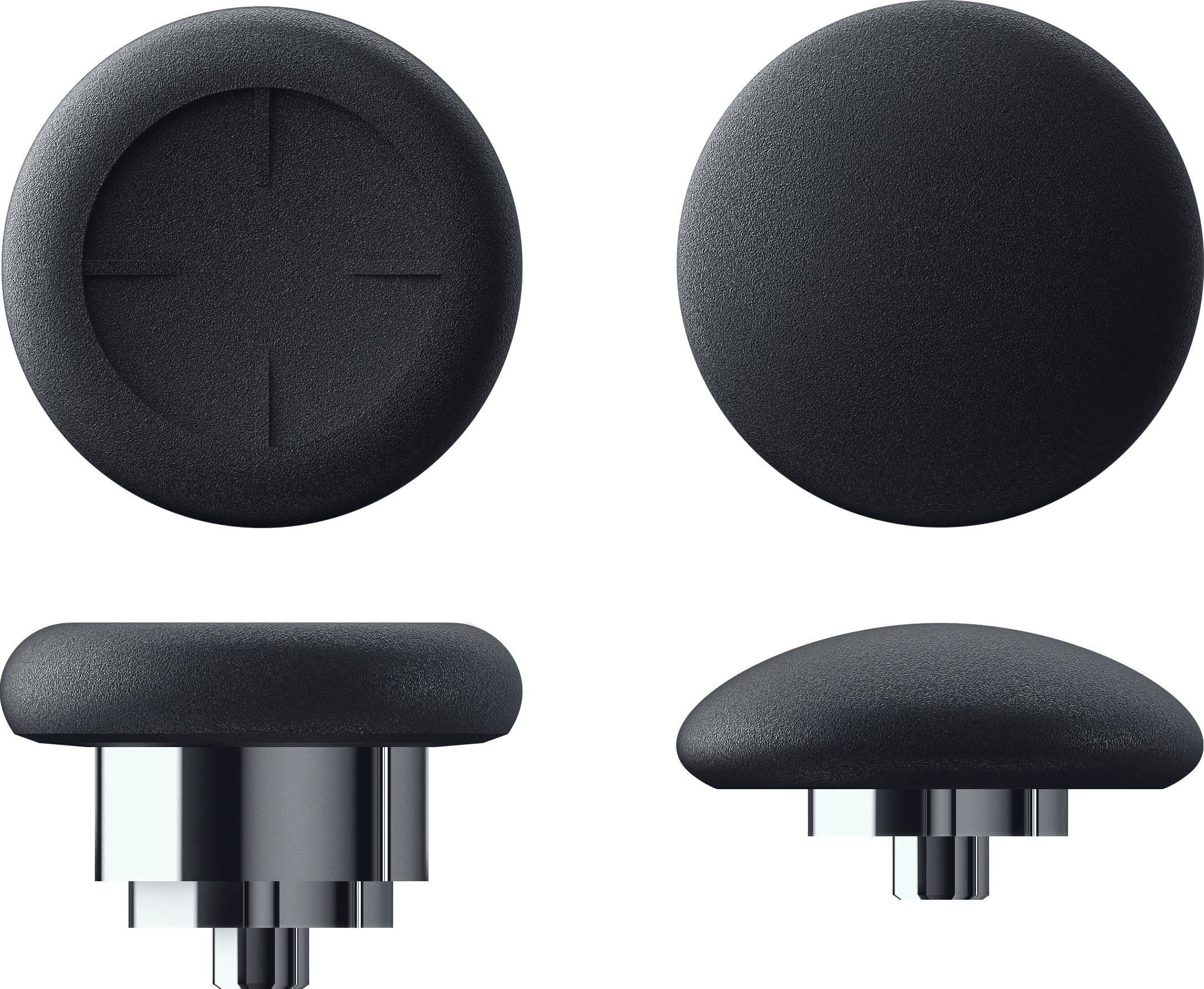 Vier schwarze Joystick-Daumengriffe, Draufsicht und Seitenansicht, mit Kreuzdesign.