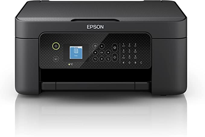 Impresora Epson negra, con pantalla y botones. El diseño es moderno.