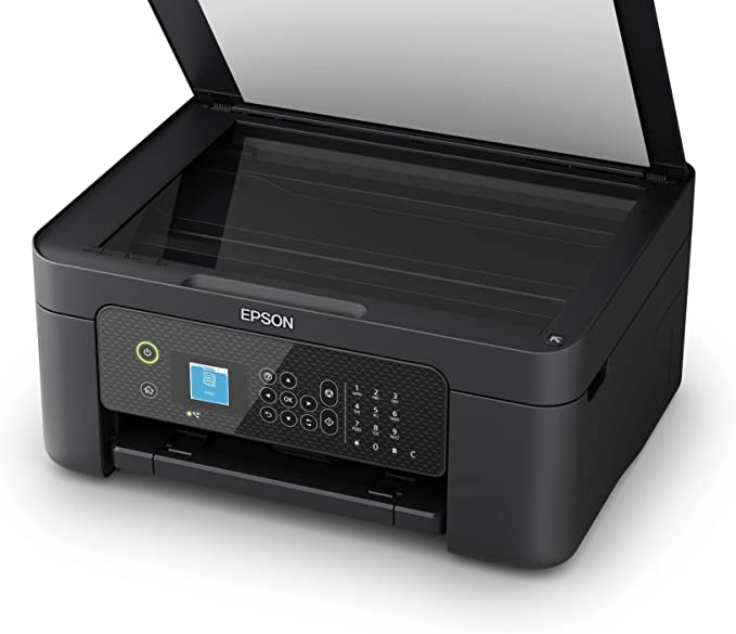 Impresora Epson negra con la tapa superior abierta.