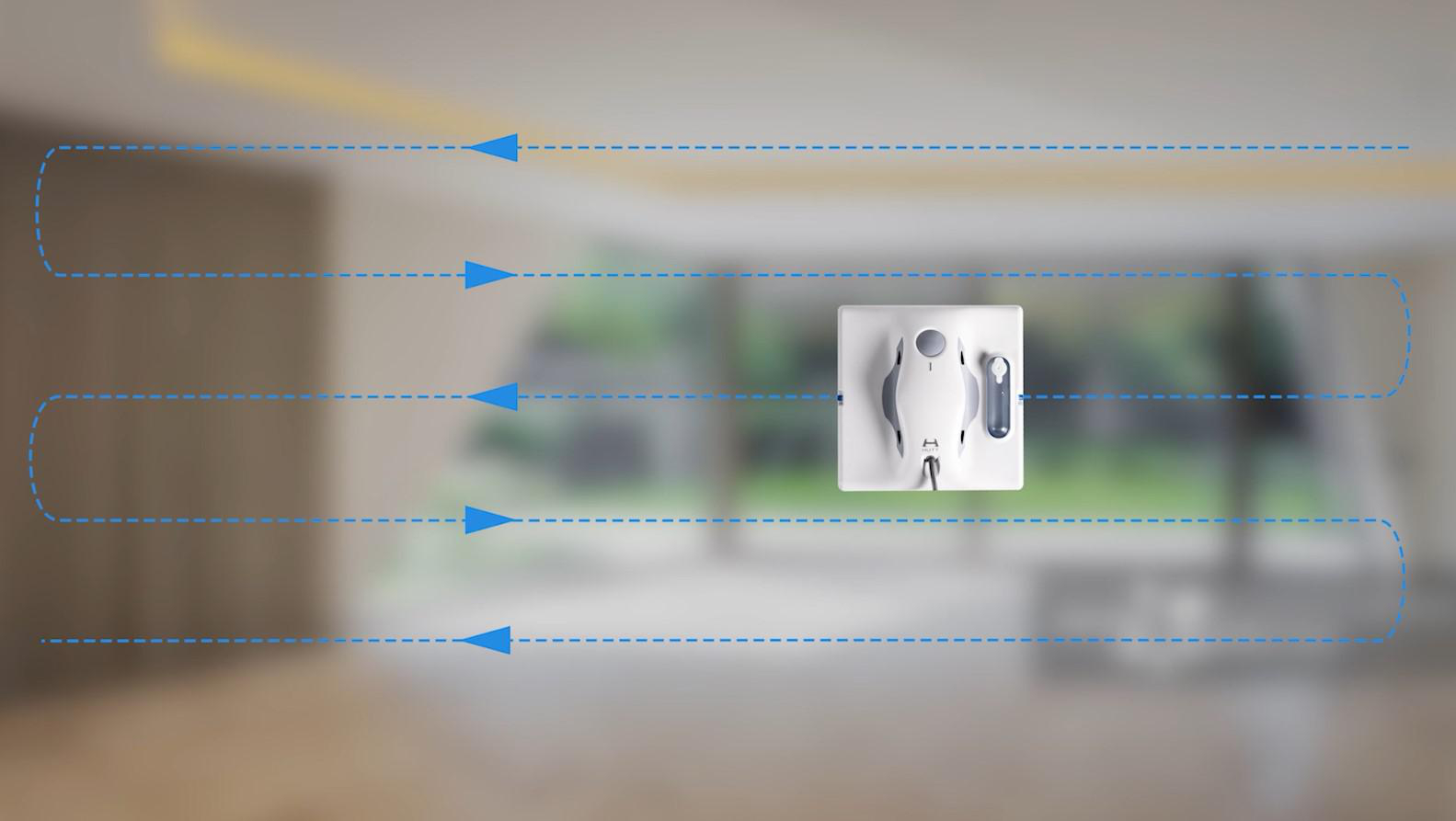 Ein Fensterputzroboter mit blauen Reinigungspfadlinien auf unscharfem Hintergrund.