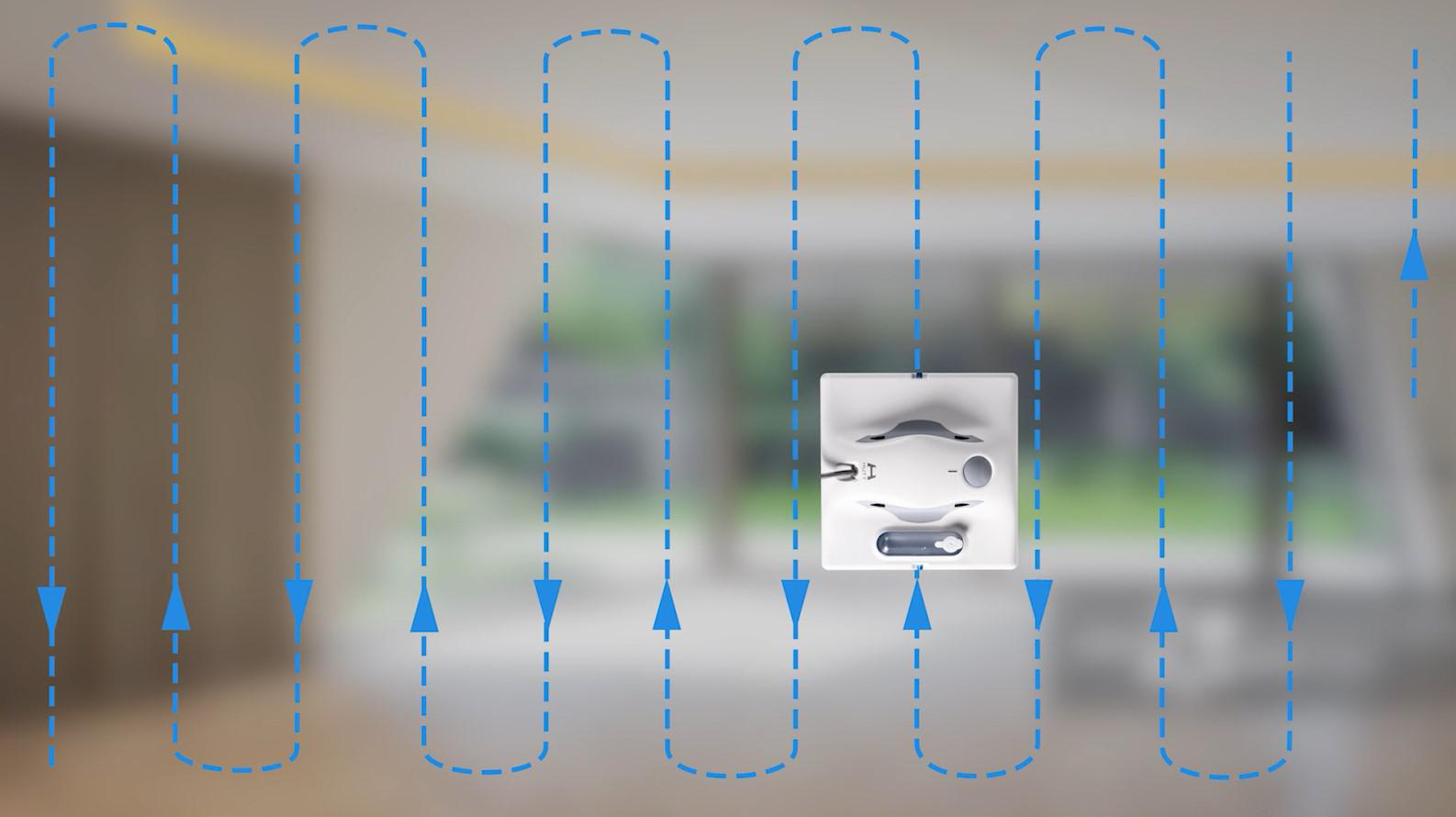 Ein Roboter-Staubsauger in einem Raum. Er folgt einem Reinigungsmuster, das durch gestrichelte blaue Linien angezeigt wird.