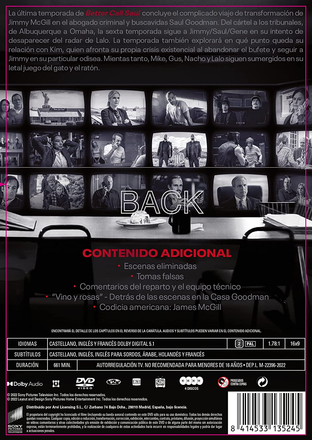 Contraportada de DVD con escenas y texto de Better Call Saul.