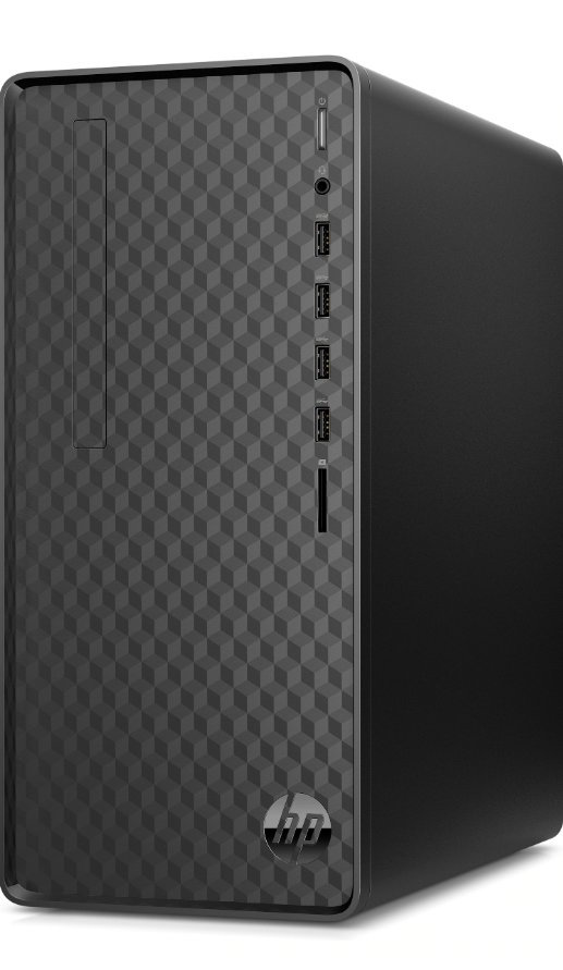 Una torre de computadora negra con panel frontal estampado.