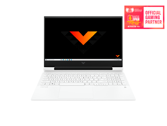 Un portátil blanco con teclado negro y un logotipo en la pantalla. Una pancarta rosa está en la parte superior derecha.