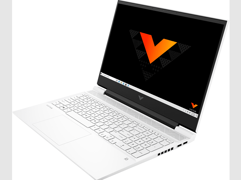 Portátil blanco con una pantalla negra que muestra un logotipo, abierto sobre una superficie blanca.