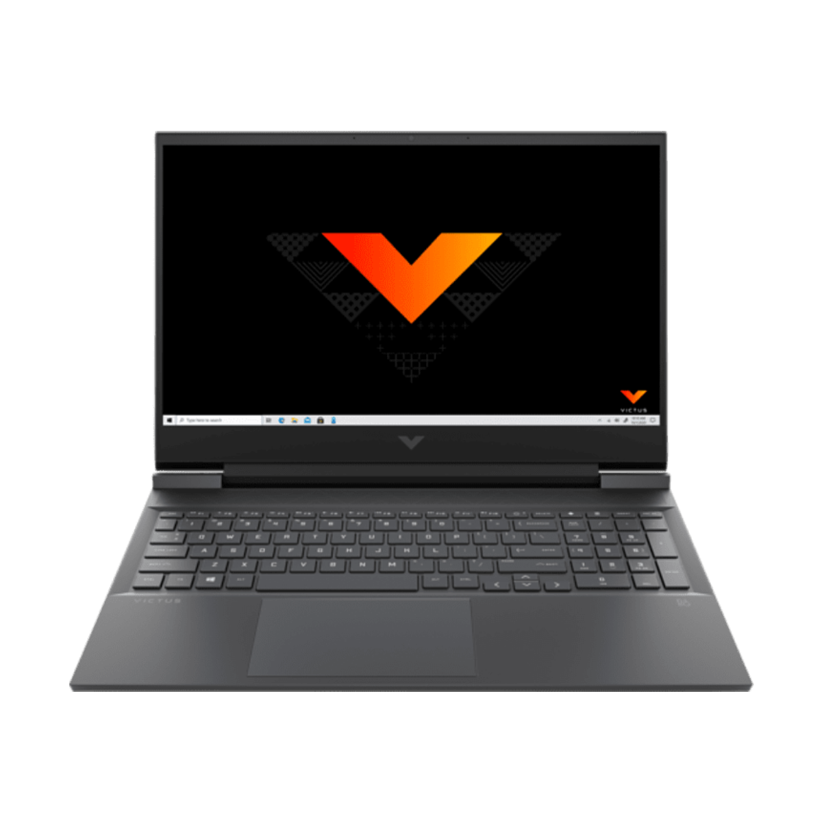 Portátil con marco negro, logo Victus en la pantalla y teclado. El fondo es negro.
