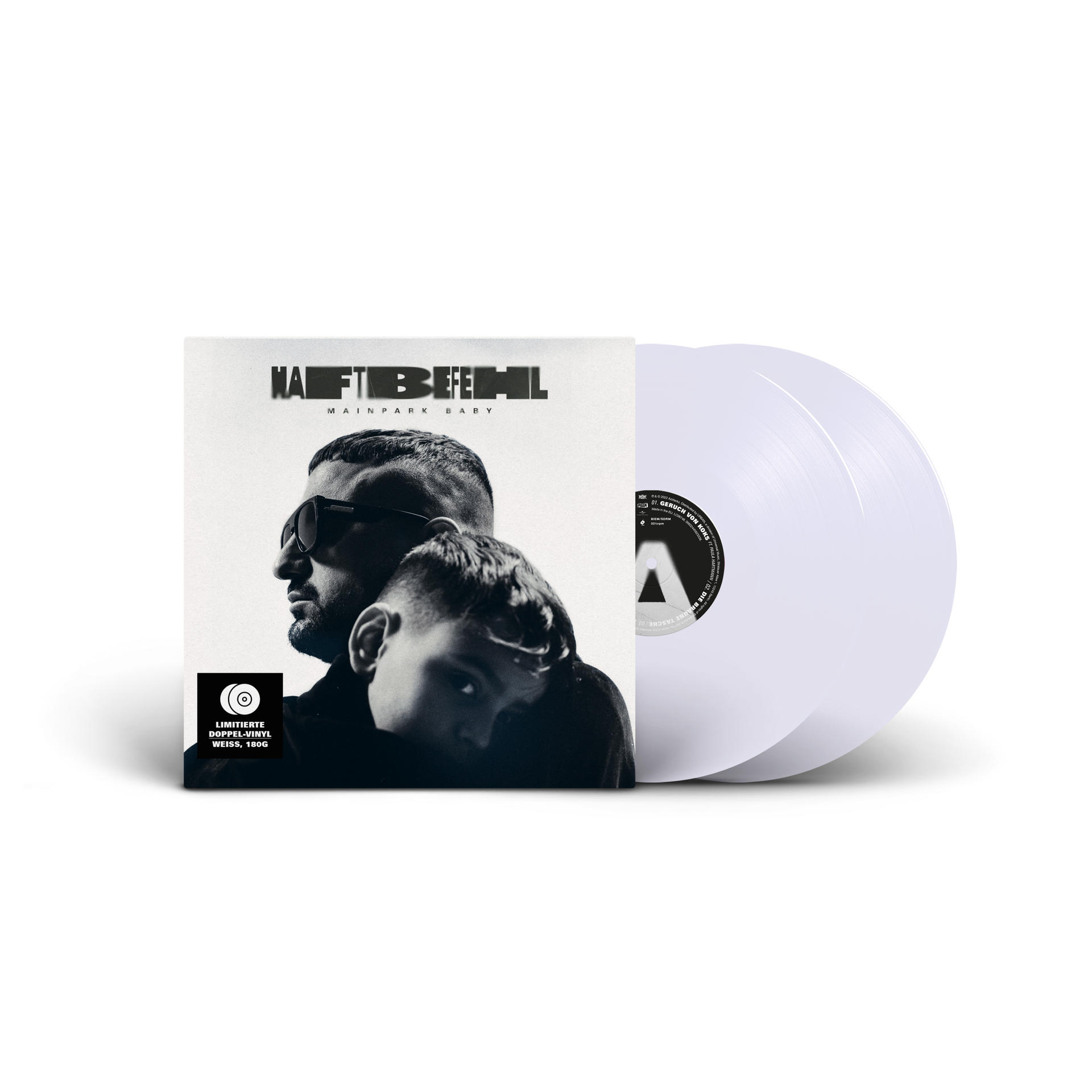 Vinylplatte mit zwei weißen Scheiben und Albumcover, weißer Hintergrund.