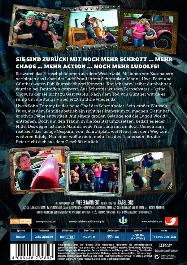 DVD-Cover für eine deutsche Fernsehsendung mit verschiedenen Personen auf Fotos und Text. Die Show handelt von einem Schrottplatz.