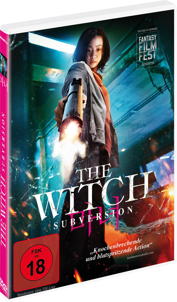 DVD-Hülle des südkoreanischen Films The Witch: Subversion, mit einer Frau mit einer Waffe.