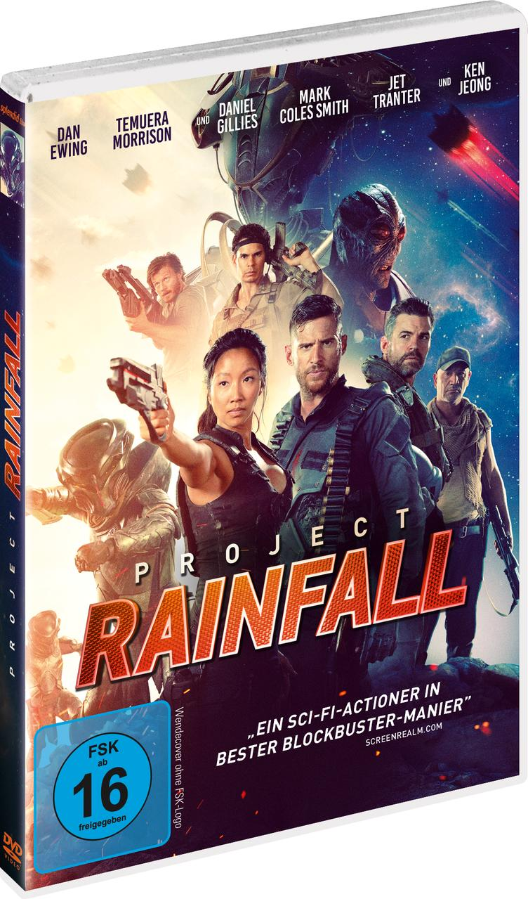 Filmcover: Project Rainfall. Zeigt Schauspieler mit Waffen in einem Sci-Fi-Action-Setting.
