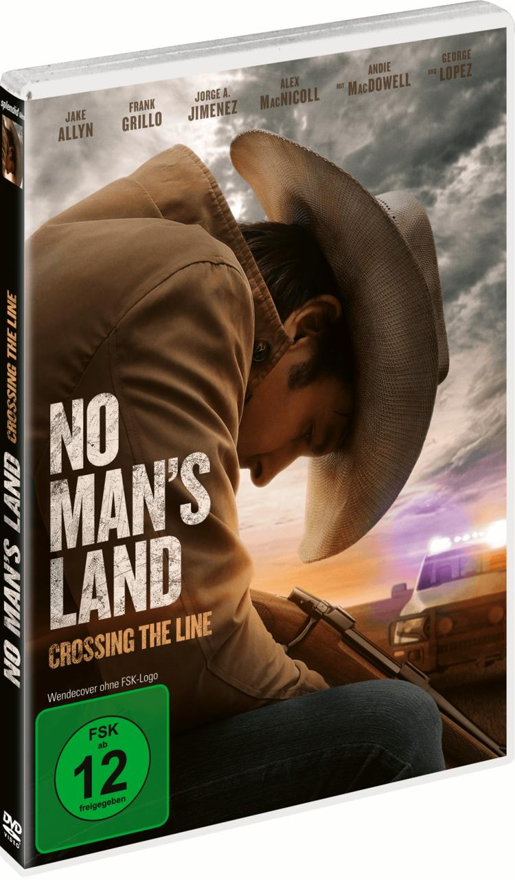 DVD-Cover für 'No Man's Land', ein Cowboy mit Hut und ein Polizeiauto bei Sonnenuntergang.