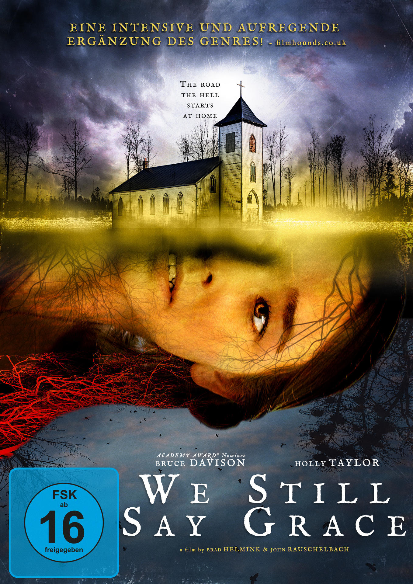 DVD-Cover für 'We Still Say Grace' mit dem Gesicht einer Frau und einer Kirche.