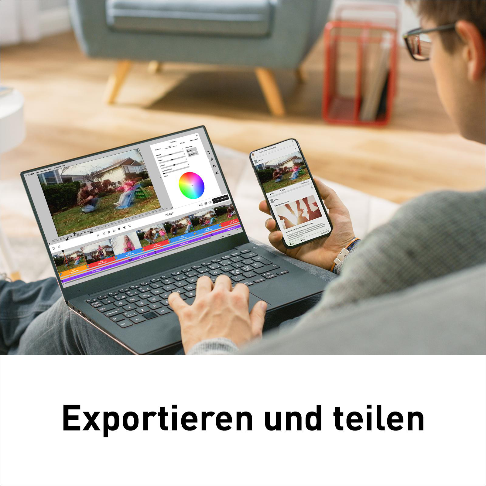 Person benutzt Laptop und Telefon. Laptop zeigt Videoschnittsoftware mit Farbrad.