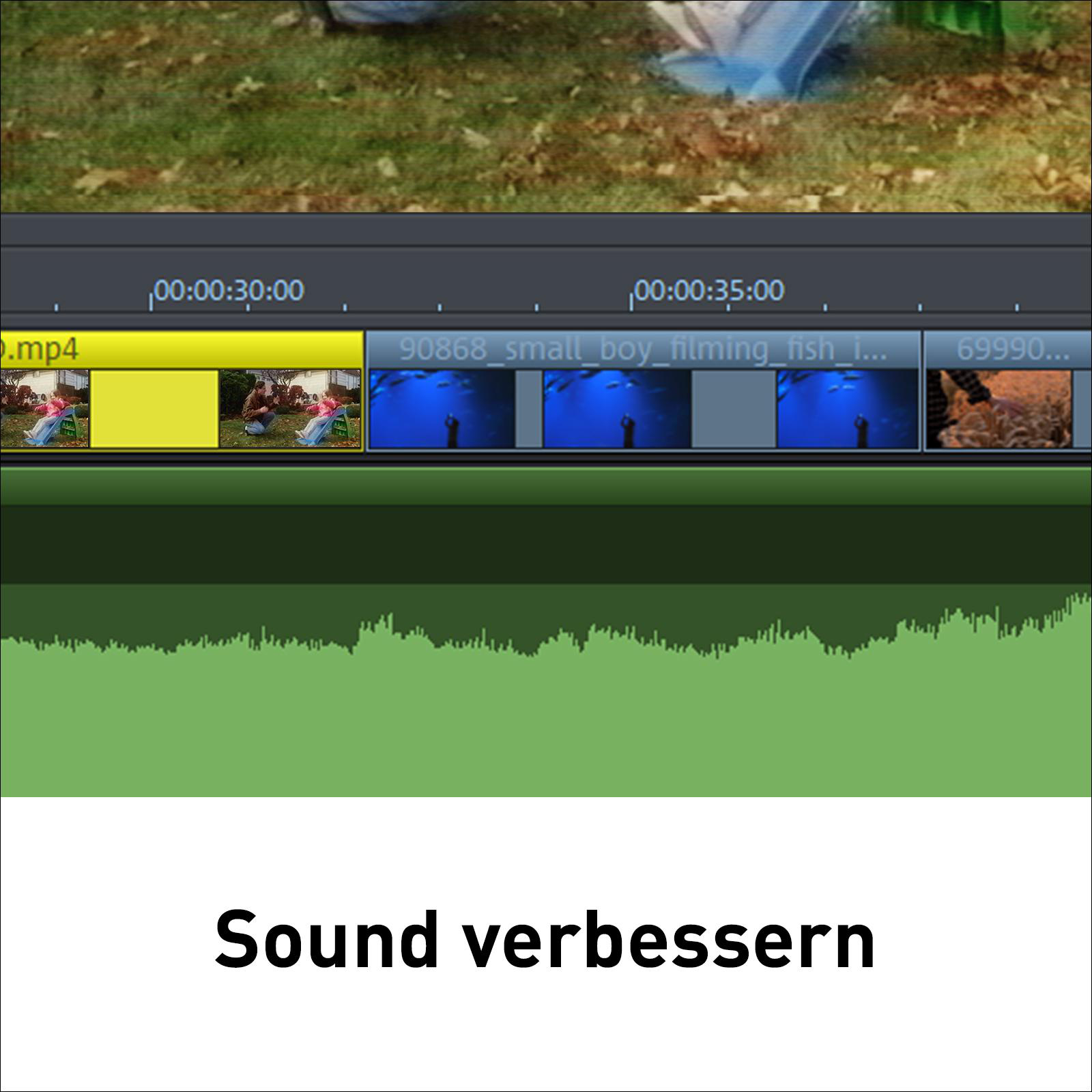 Videoschnittsoftware-Oberfläche mit Timeline und Soundleiste, Text: Sound verbessern.