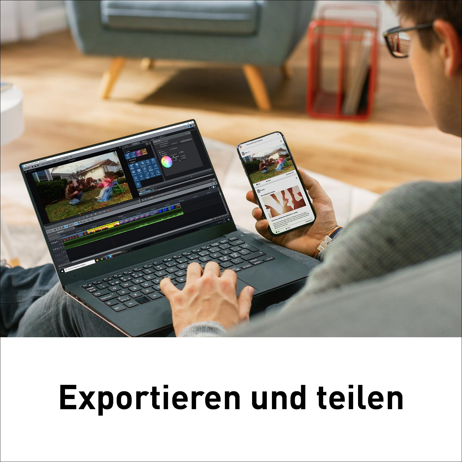 Person bearbeitet Video auf Laptop, mit Telefon, das Inhalt zeigt.