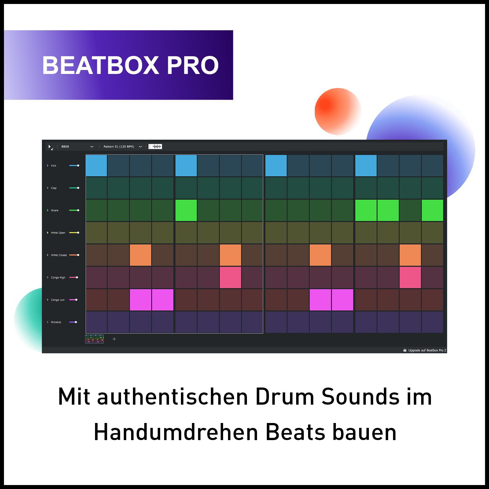 Eine digitale Musikprogrammanzeige mit bunten Blöcken. Der Titel lautet 'BEATBOX PRO'.