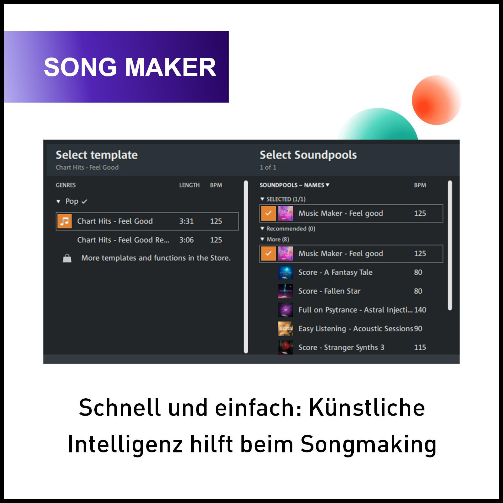 Song Maker Bildschirm zeigt Vorlagen- und Soundpool-Auswahloptionen.