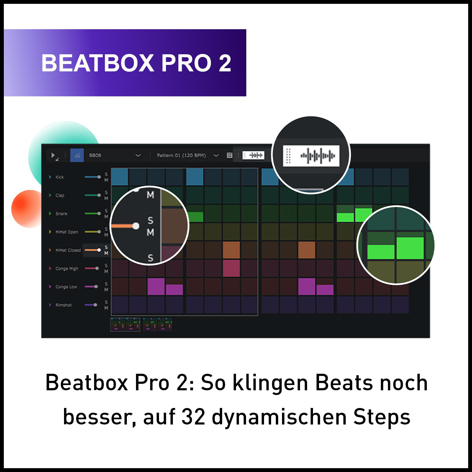 Eine digitale Oberfläche, die einen Musik-Beat mit visuellen Elementen und Textüberlagerung zeigt. Es ist eine Software-Benutzeroberfläche.