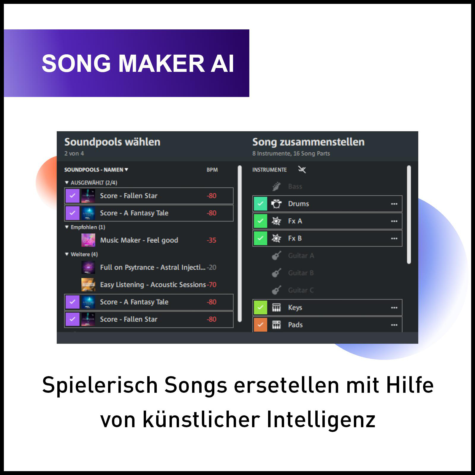 Eine Software-Oberfläche. Die Oberfläche zeigt einen Song-Maker mit Optionen zur Auswahl von Sounds und Instrumenten.