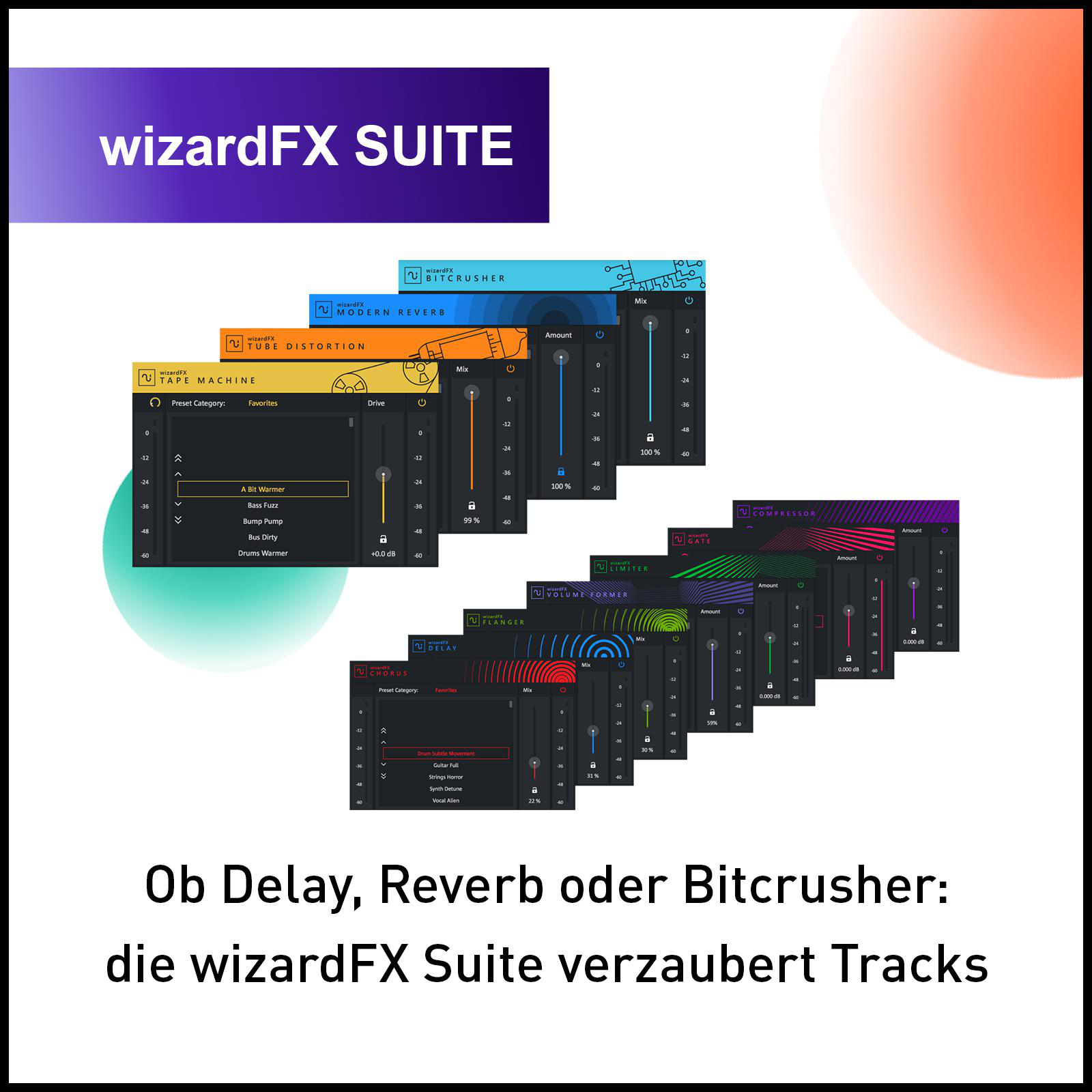Software-Oberfläche mit verschiedenen Audioeffekten, darunter Delay, Reverb und Bitcrusher.