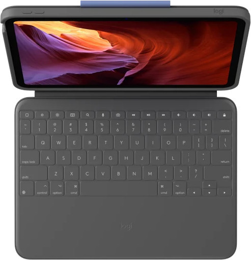Tablet met toetsenbordhoes. Tabletscherm toont landschap van rode en oranje rotsformaties.