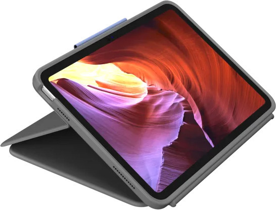 Grijze iPad in een hoes, opengeklapt, met een oranje canyon afbeelding.