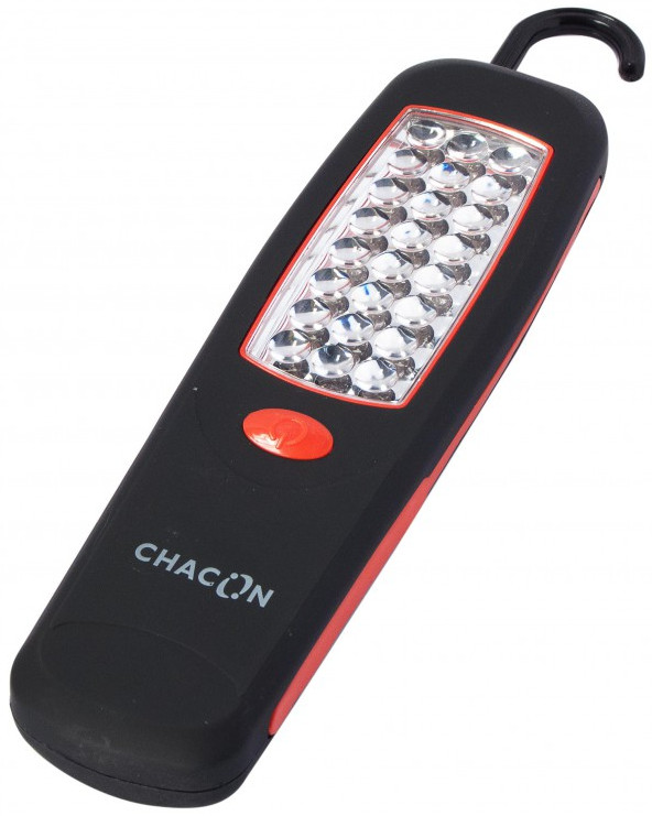 Une lampe de travail noire et rouge avec un crochet, montrant une grille de LED.