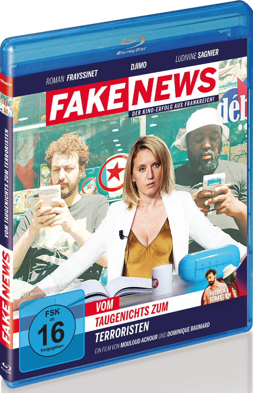 DVD-Cover: Fake News, Filmplakat. Drei Personen, bunter Hintergrund. Blaue Hülle.