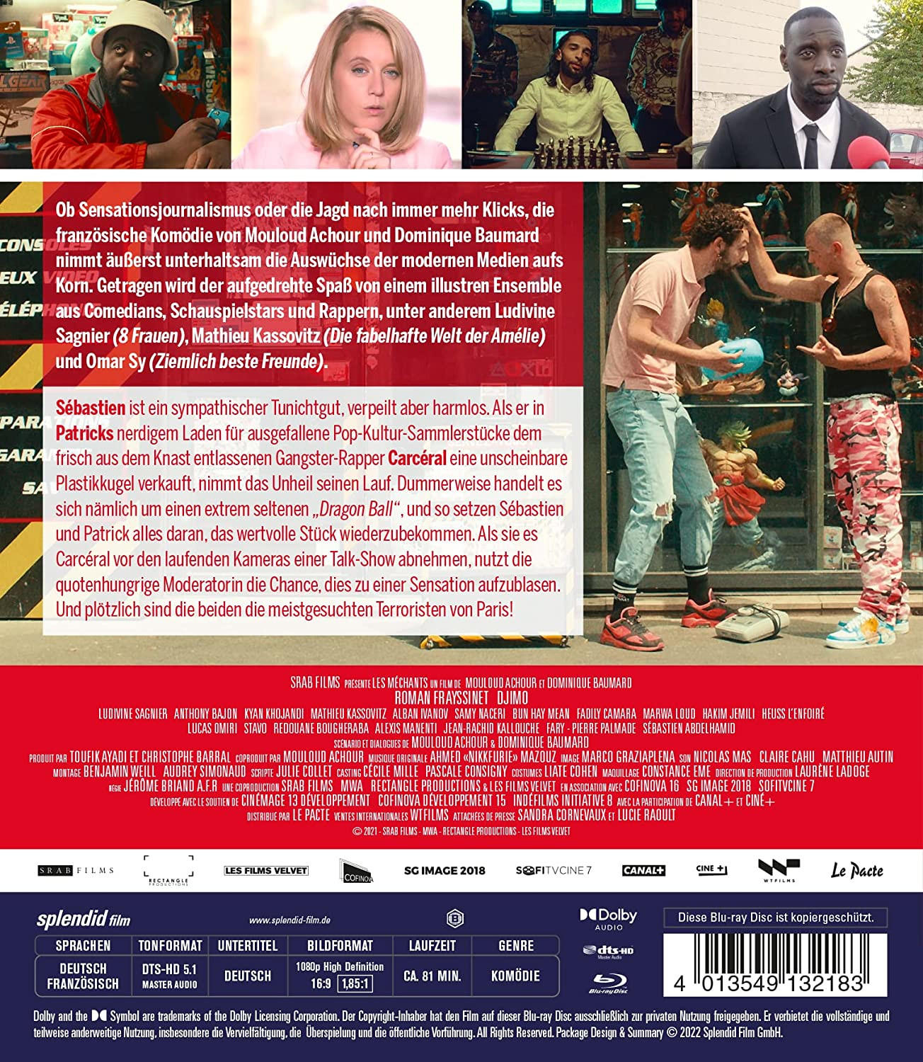 Filmcover mit Schauspielern und Text in mehreren Sprachen, weißer Hintergrund und eine Disc.