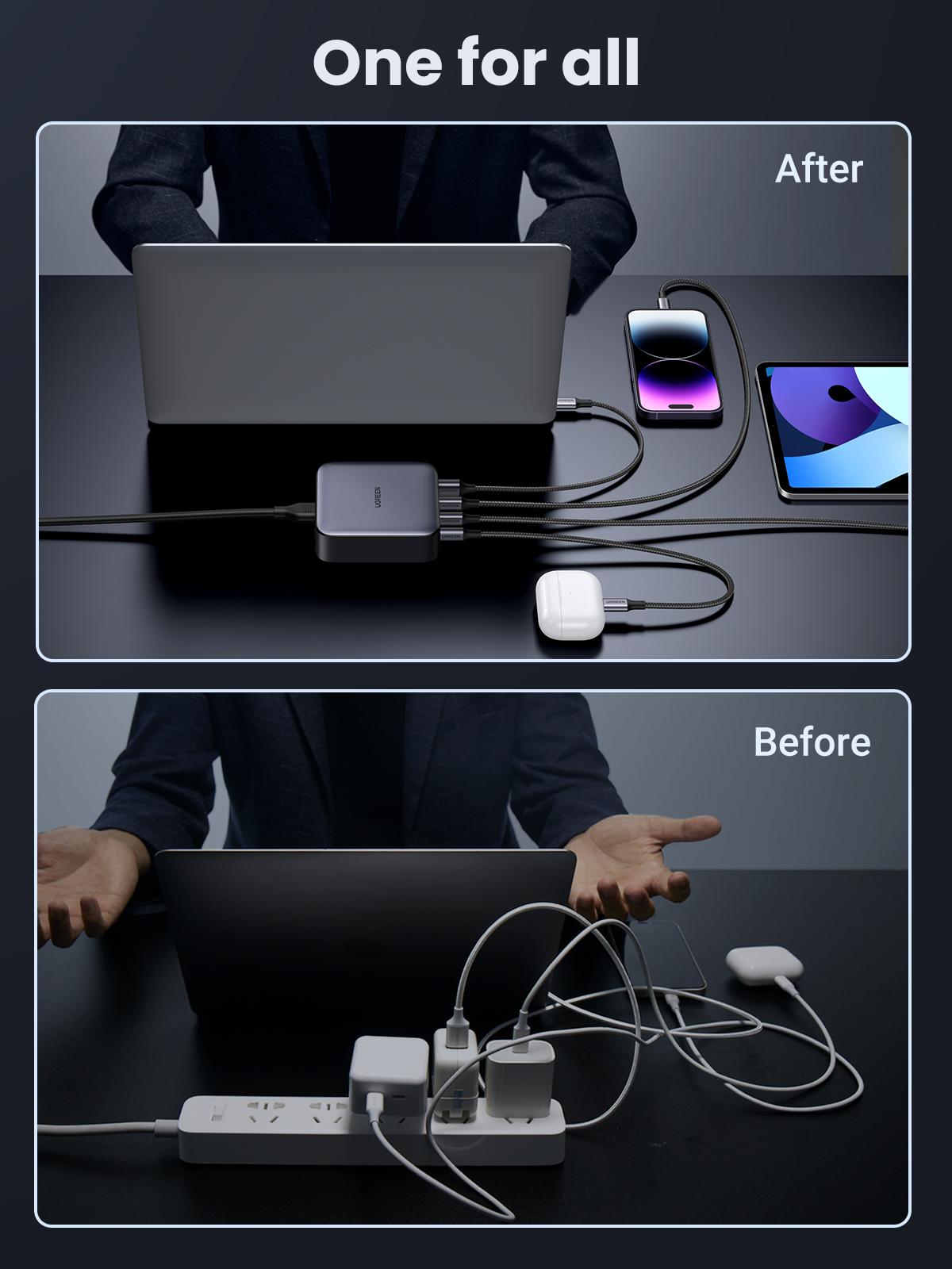 Vergleich eines Ladehub-Setups und eines unordentlichen Setups mit mehreren Ladegeräten.