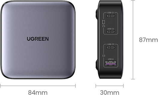 Graues UGREEN-Ladegerät mit USB-Anschlüssen. Abmessungen 84x87x30mm. UGREEN-Text sichtbar.
