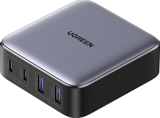 Cubo di ricarica UGREEN grigio scuro con più porte USB.