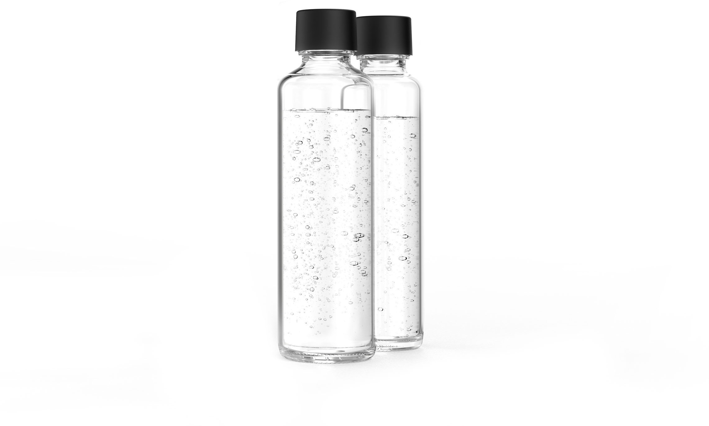 Zwei transparente Glasflaschen mit schwarzen Kappen, gefüllt mit klarer Flüssigkeit.