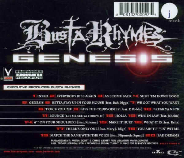 Album borító. Szöveg a hátoldalon. A számlista látható. Fekete háttér. Busta Rhymes szöveg fehér betűkkel.