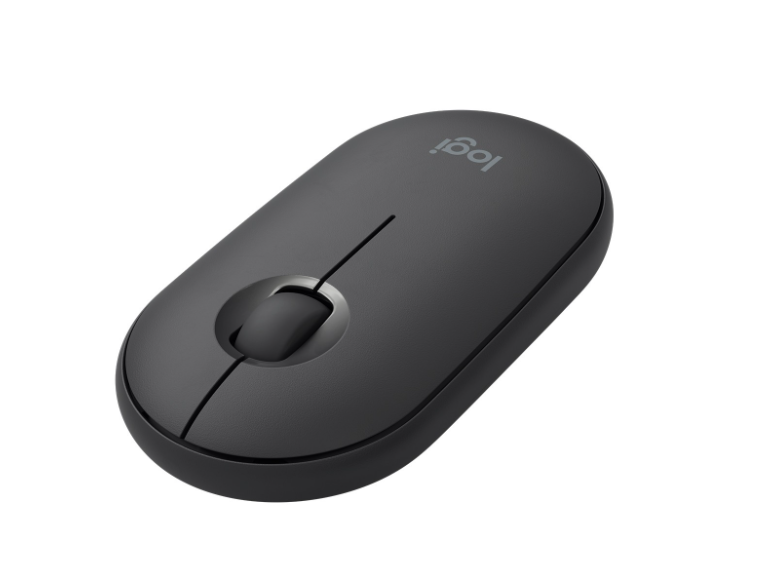 Siyah Logitech fare. Oval şekil, kaydırma tekerleği. Beyaz arka plan.