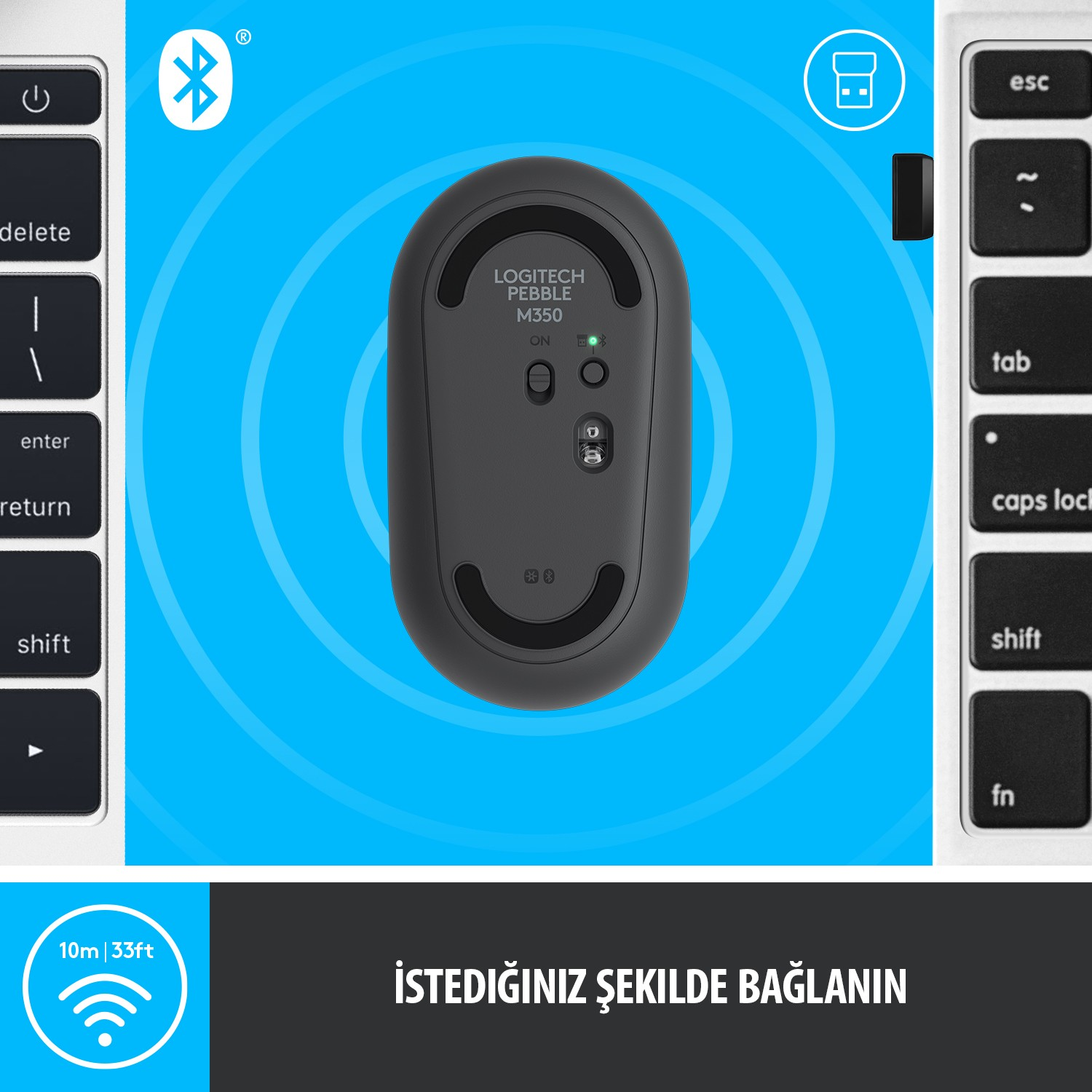Mavi bir arka planda Logitech Pebble M350 fare ve yanında bir klavye.