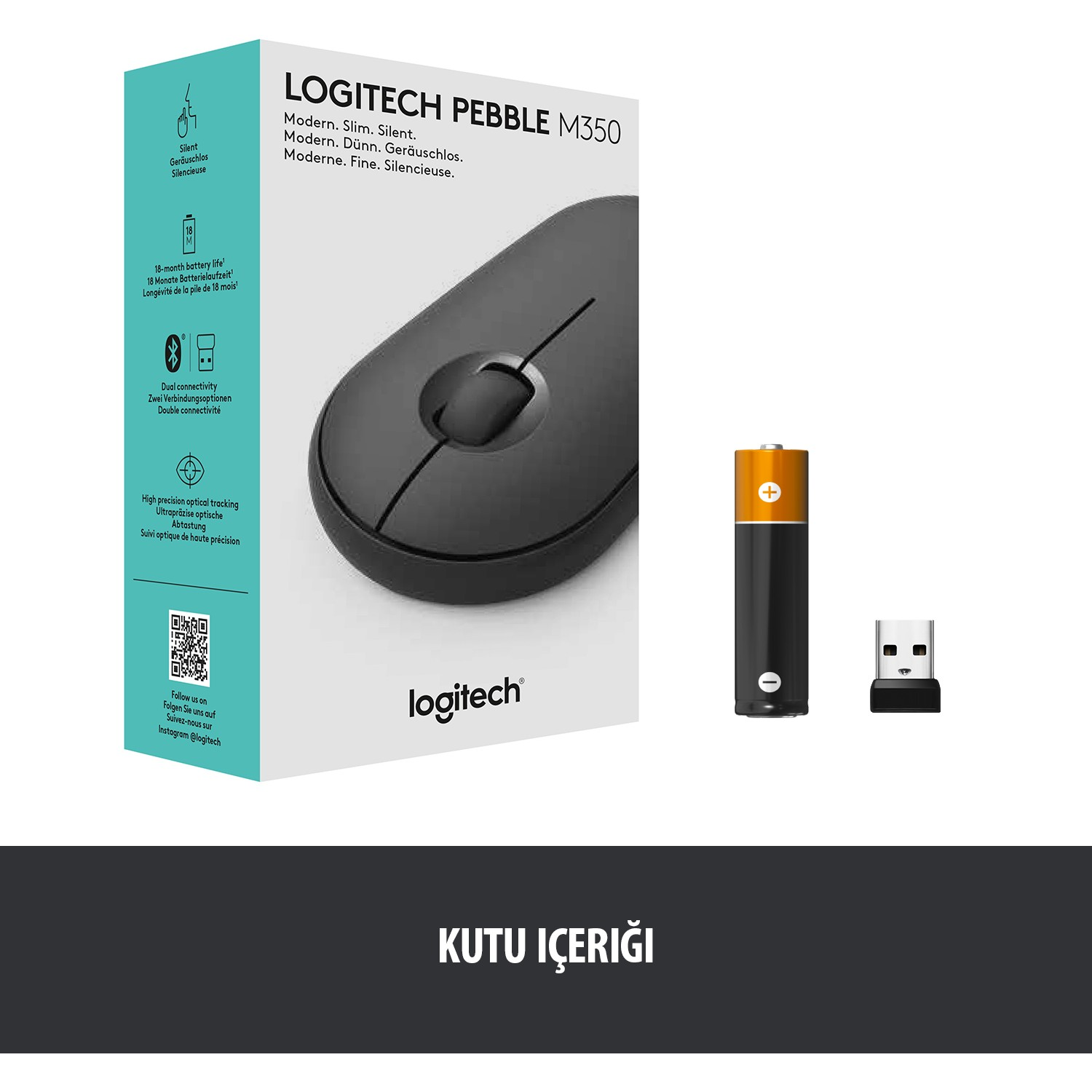 Logitech Pebble M350 fare, pil ve bir USB alıcısı ile kutu.