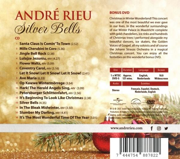 Albumcover von André Rieus 'Silver Bells'. Enthält Titelliste, Disc-Details und Bonus-DVD-Infos.