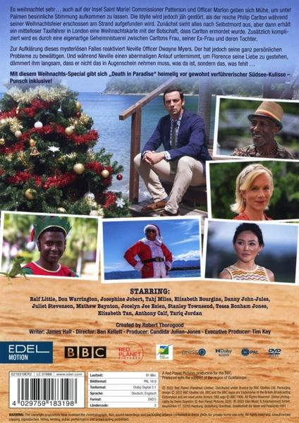 Poster für das Death in Paradise Weihnachtsspecial. Enthält Schauspieler, Weihnachtsbaum und tropischen Strandhintergrund.