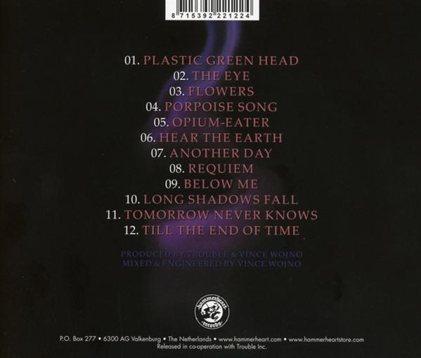 Album-Rückseite mit Songtiteln. Der Text ist weiß auf dunklem violetten Hintergrund.