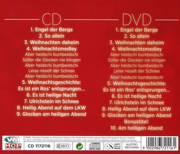 CD- und DVD-Liste. Roter und weißer Text auf rotem Hintergrund. Die Artikel sind vertikal aufgelistet.