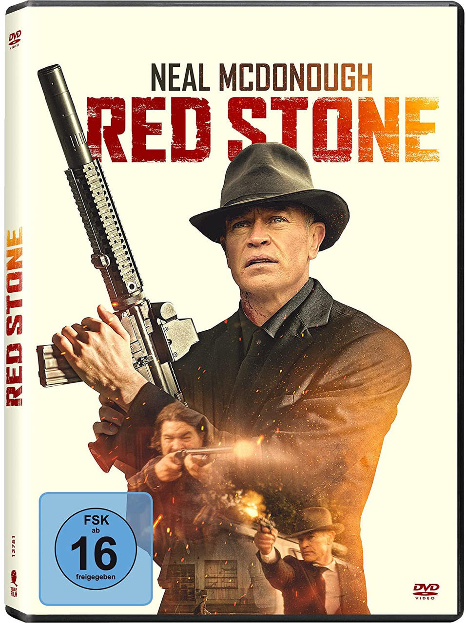 DVD-Cover für den Film 'Red Stone'. Zeigt einen Mann mit einer Waffe, andere Figuren im Hintergrund.