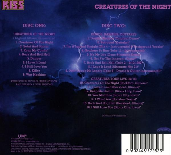 Albumcover von 'Creatures of the Night' von KISS mit Tracklisten auf beiden Discs.