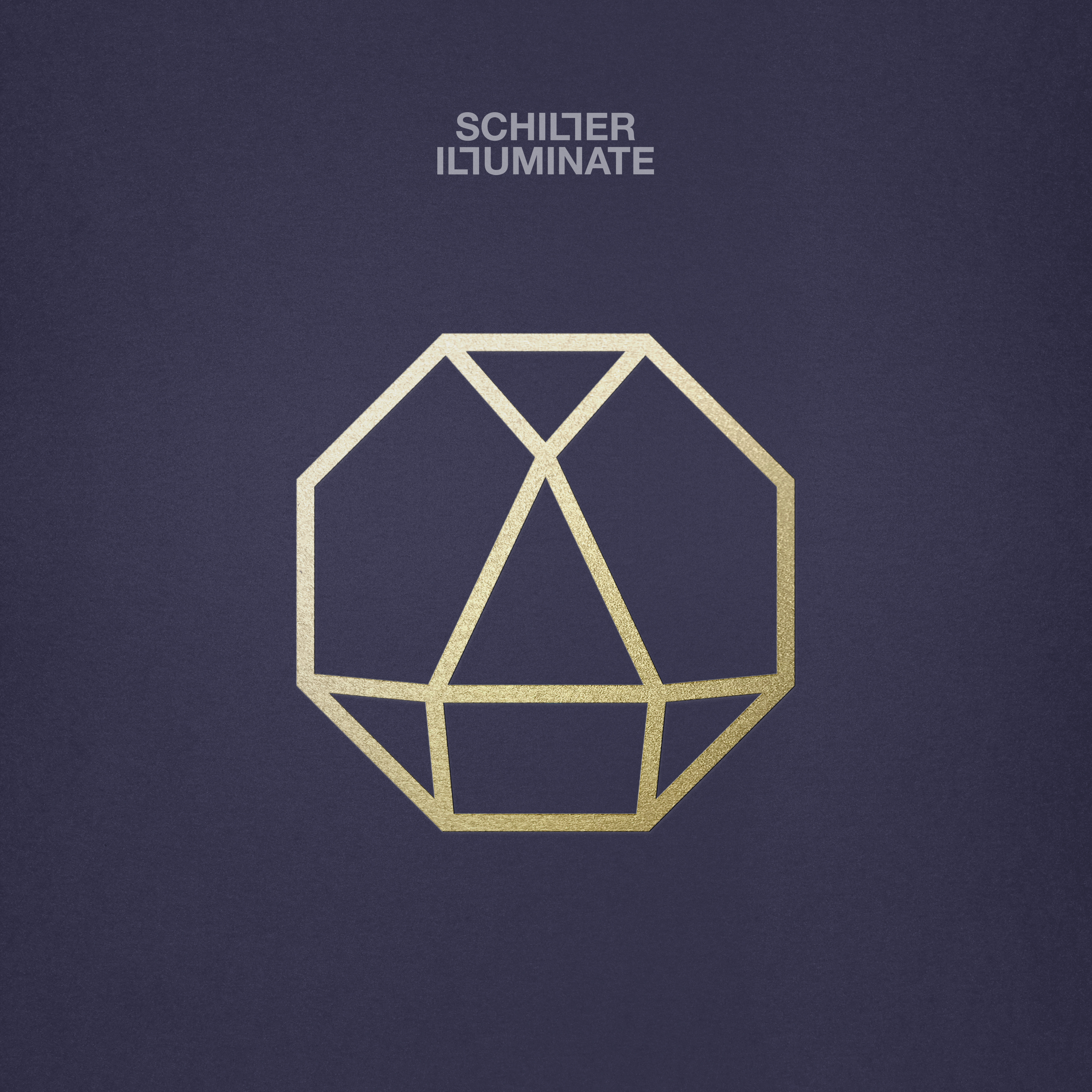 Goldenes geometrisches Design auf dunkelblauem Hintergrund. Das Wort 'Schiller' ist sichtbar.